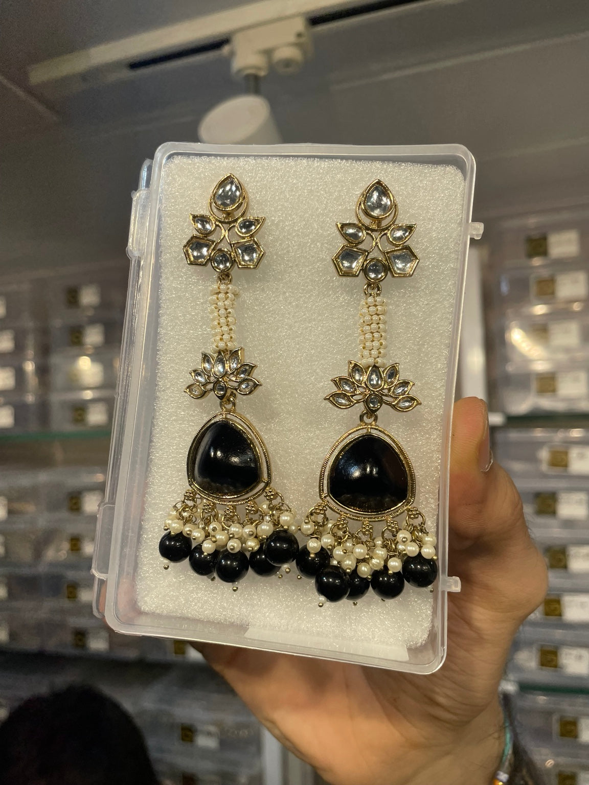 Black and gold jhumka with pearl fringe