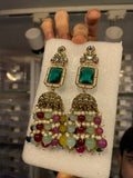 Rectangular-stone chandbali with pearl and bead fringe
