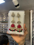 Red and green kundan layered-fringe jhumka with pearl detailing