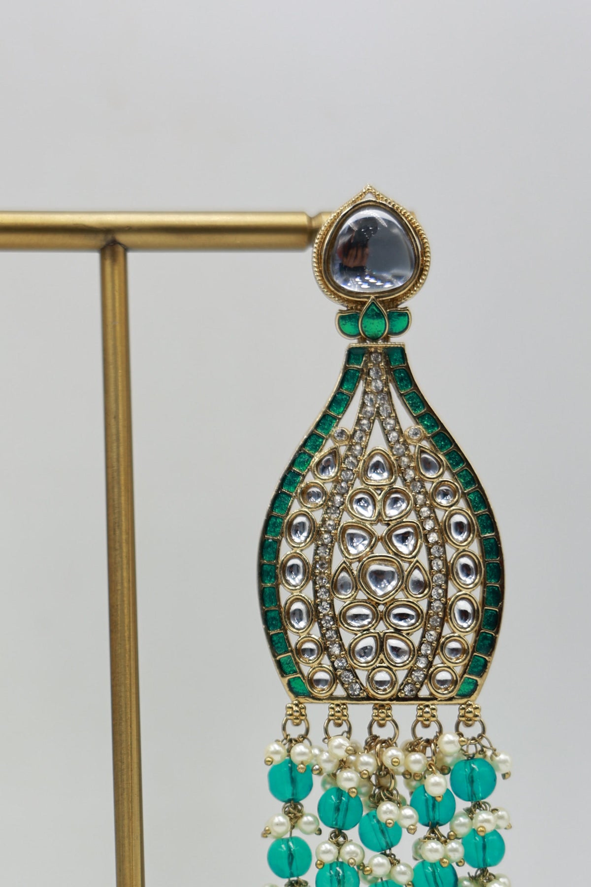 Alternate product view: teal and pearl bridal earrings