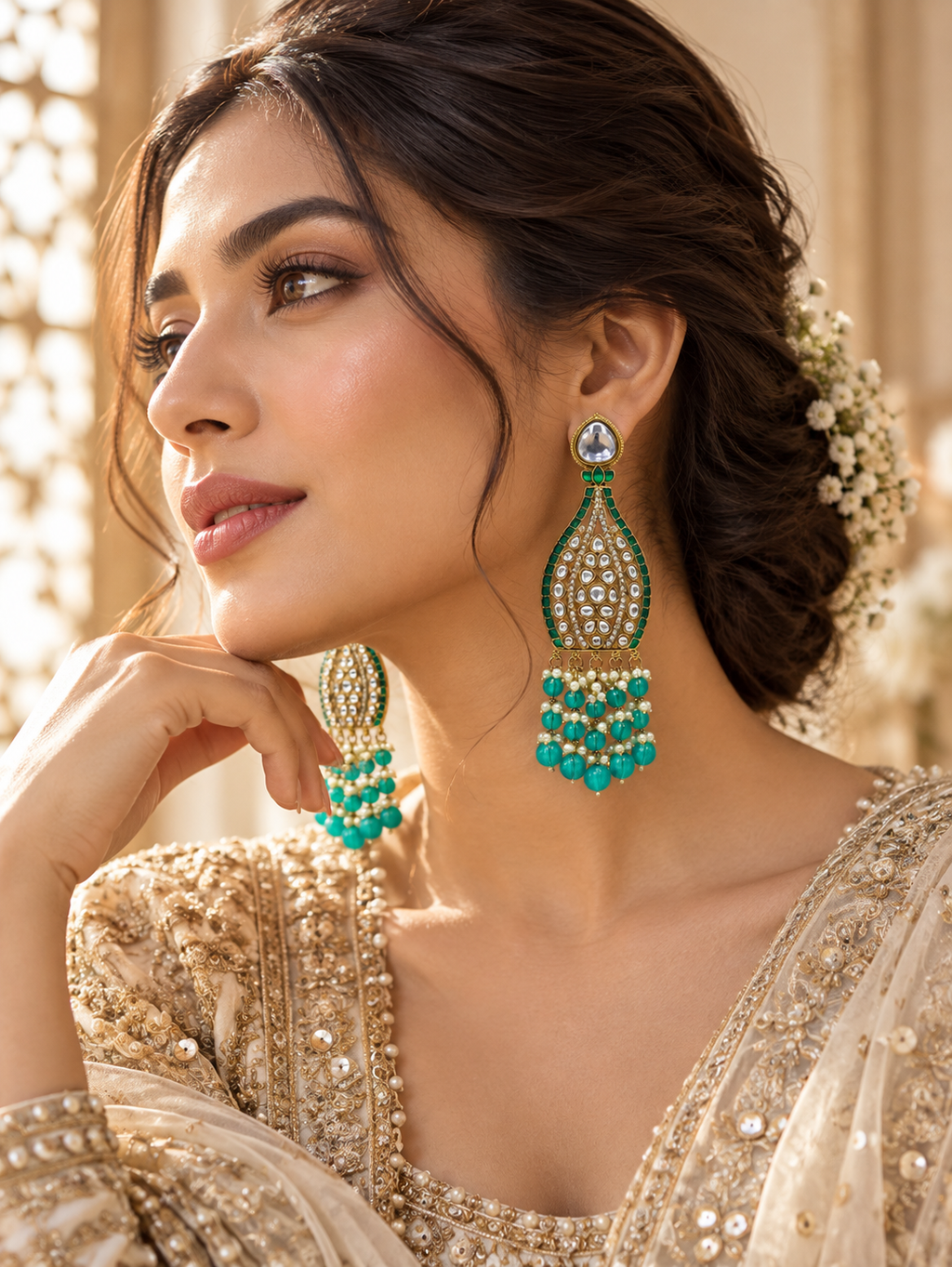 Lifestyle photo: teal and pearl bridal earrings