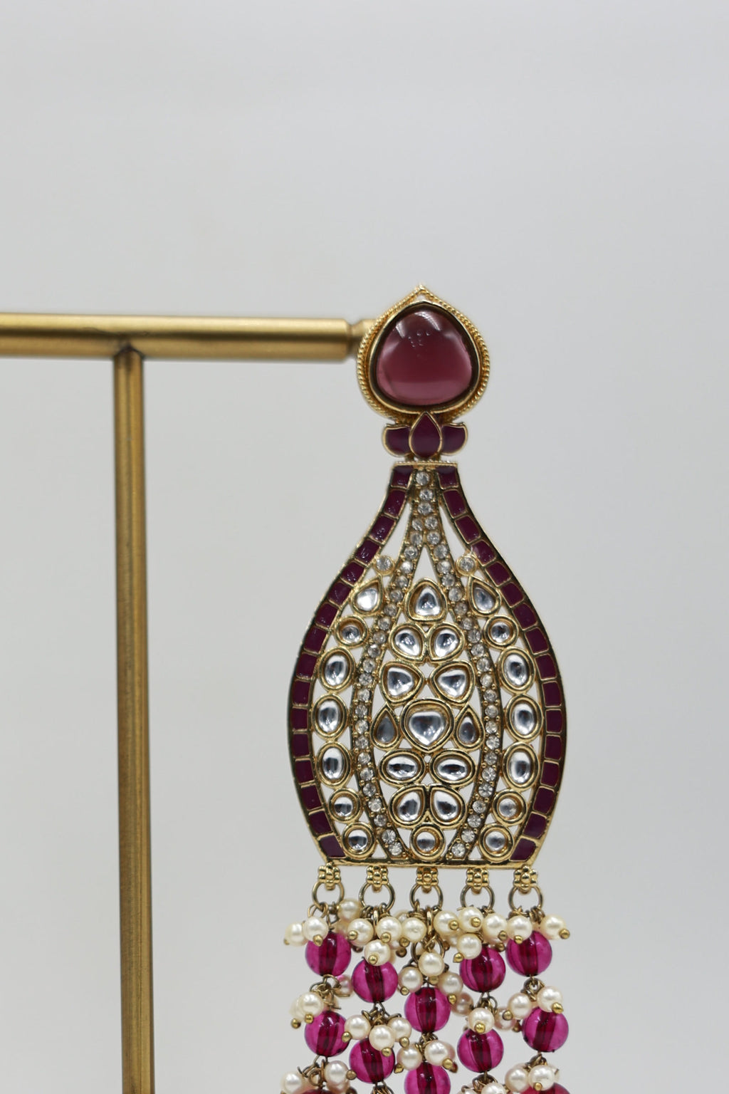 Alternate product view: magenta and pearl bridal earrings