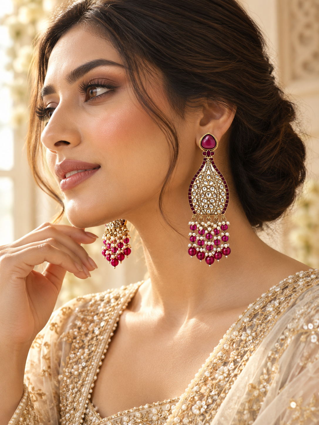 Lifestyle photo: magenta and pearl bridal earrings