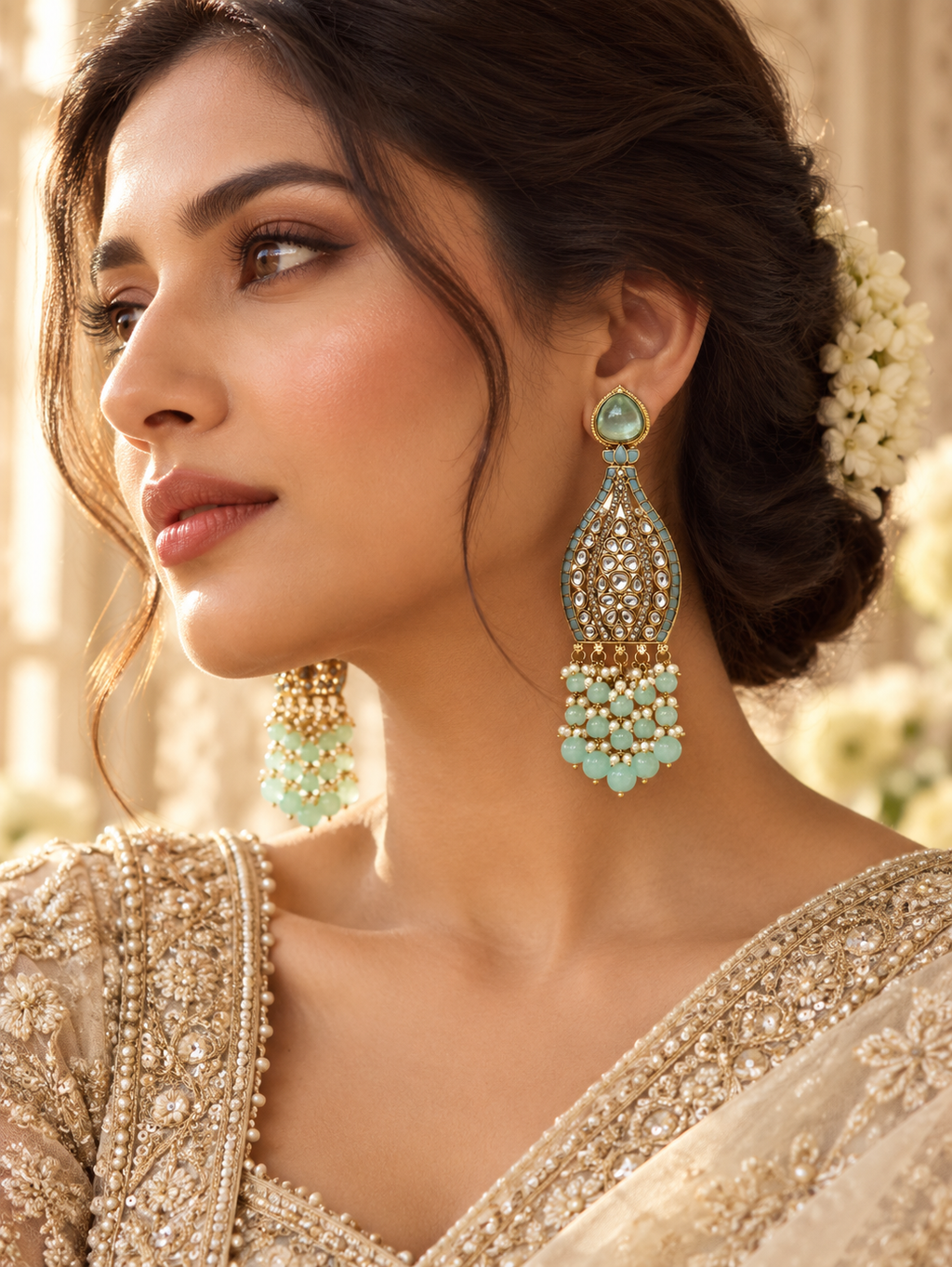 Lifestyle photo: seafoam and pearl bridal earrings