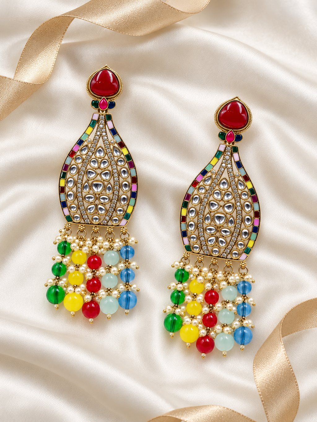 Editorial product-content photo: multicolour bridal earrings