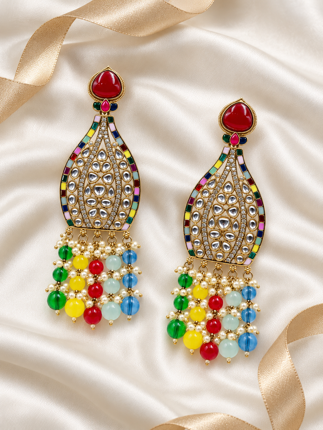 Editorial product-content photo: multicolour bridal earrings