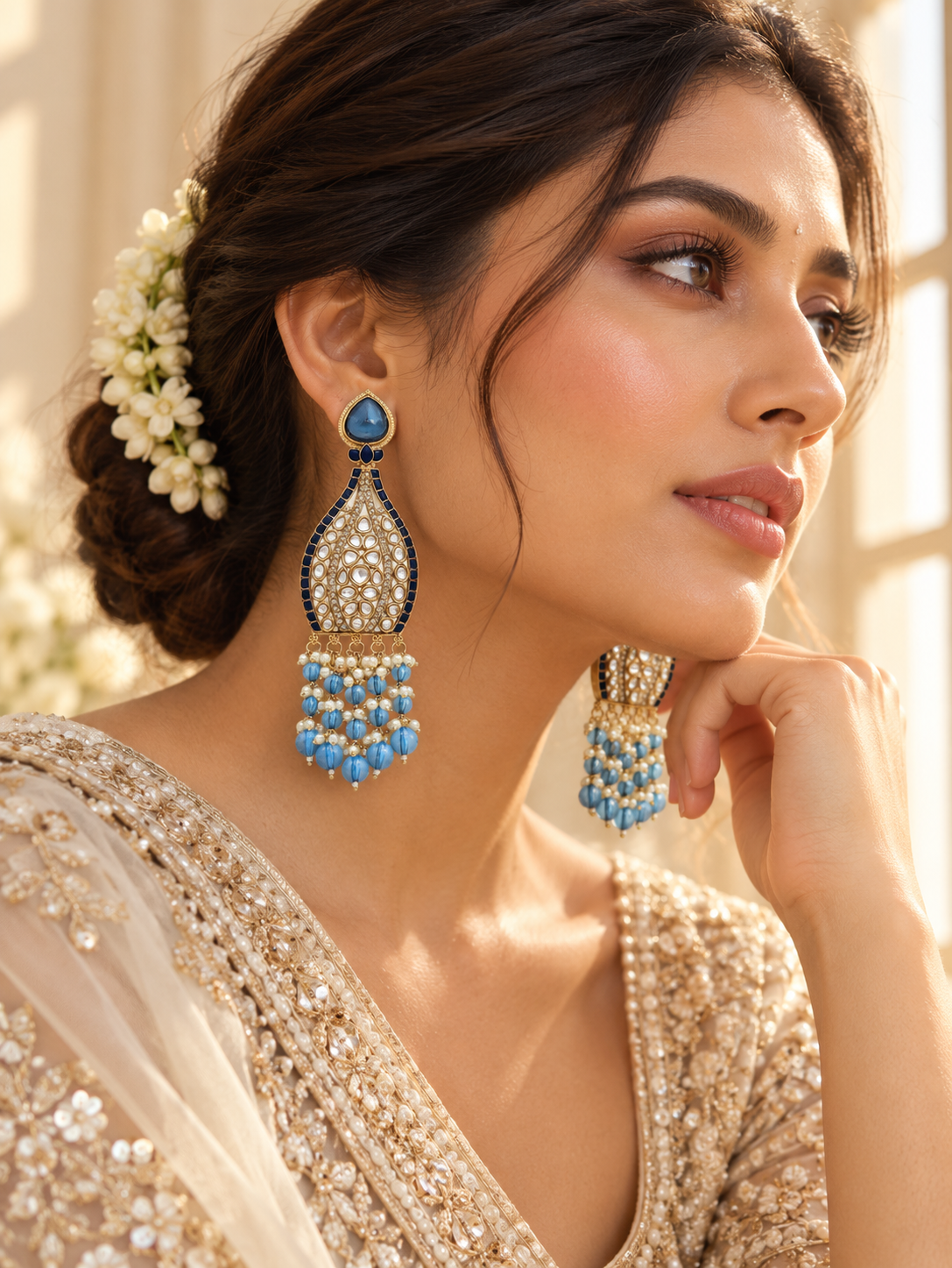 Lifestyle photo: blue and pearl bridal earrings