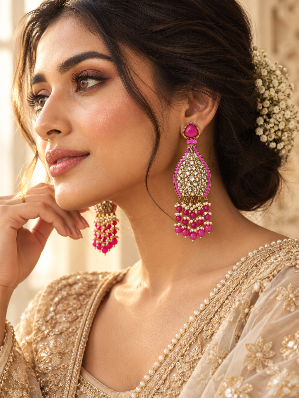 Lifestyle photo: pink and pearl bridal earrings
