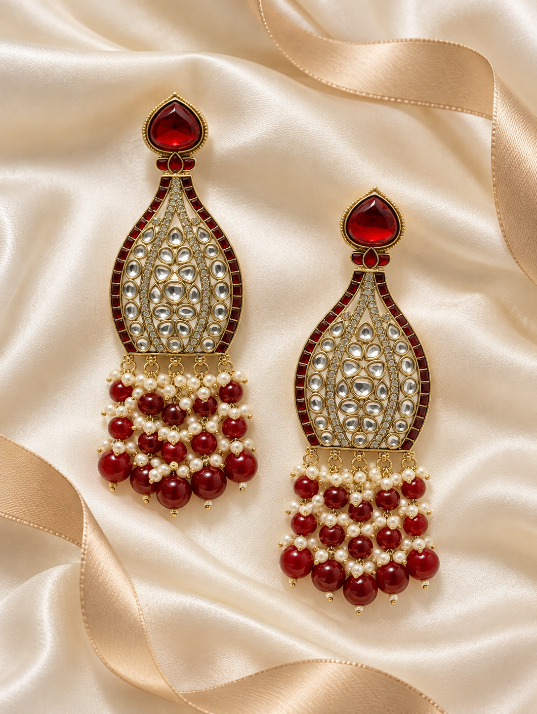 Editorial product-content photo: ruby and pearl bridal earrings