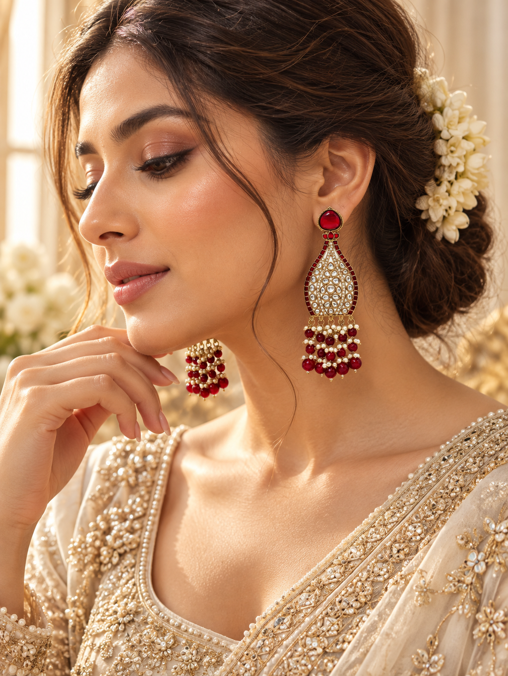 Lifestyle photo: ruby and pearl bridal earrings