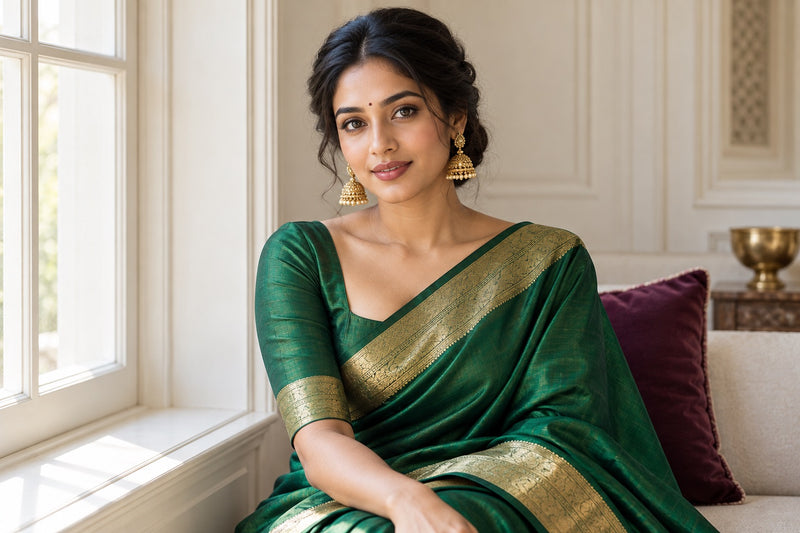 Ceremony styling with an emerald sari and jhumka