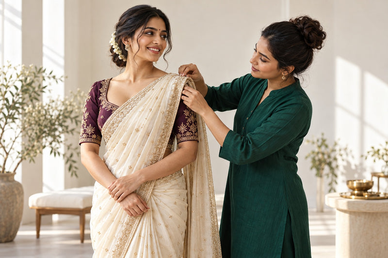 A bride and stylist considering her wedding look
